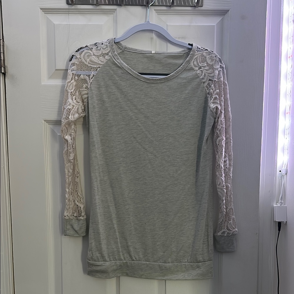 Gray Long Sleeve Top with Sheer Lace Sleeves – Feminine Casual Tee